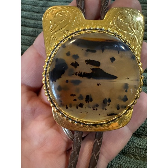 Vintage Western Bolo Tie Gold‎ Tone Metal Scenic Picture Jasper Stone Mens - Picture 8 of 11